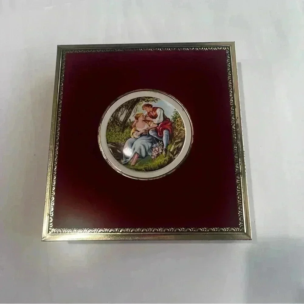 Vintage Western Germany Ornate Sweetheart Lovers Velvet Tin Box Container silver